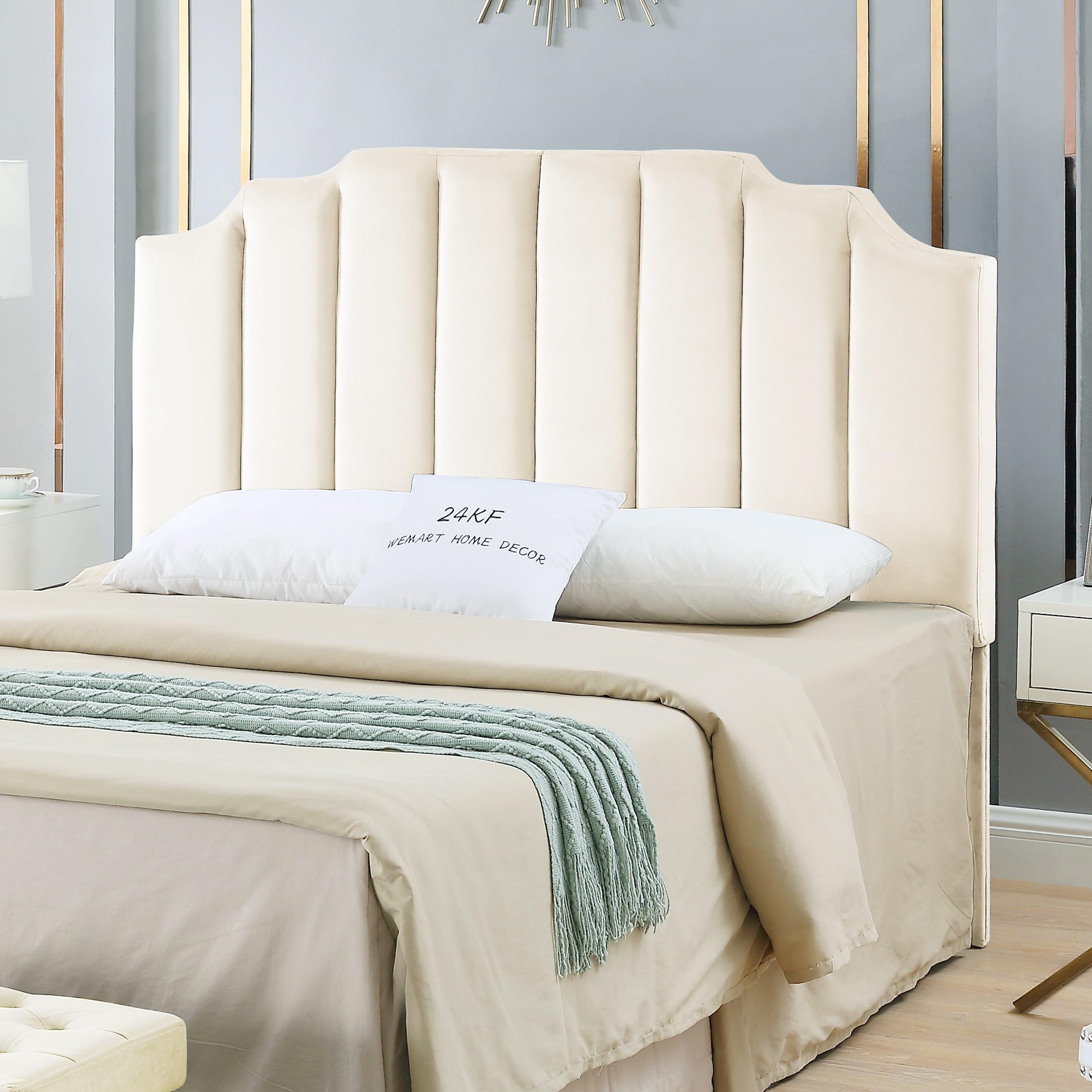 Photo 1 of 24KF Cream Velvet Tufted Queen Upholstered Headboard, Modern Vertical Channel Design California Queen/Full Headboard with Stepped Silhouette Top Edge,Cream