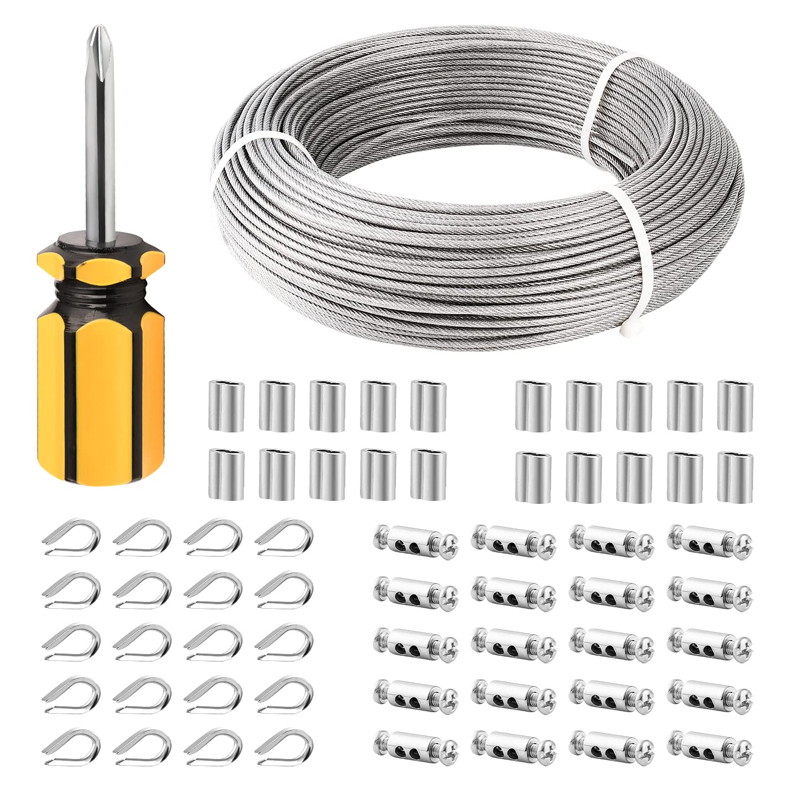 TooTaci 3mm Wire Rope Kit, 100M PVC Coated Stainless Steel Cable,Indoor Curtain Wire with M3 Thimbles, Crimp Sleeves & Carbon Steel Clamps, Ideal for Picture Hanging and Indoor Light Suspension