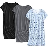 Ekouaer Cotton Nightgowns for Women 3 Pack Sleepshirts Short Sleeve Night Shirt Tshirt Night Gown Soft Sleepwear Print Sleep Dress Dark Grey/Black/Moon Star XXX-Large