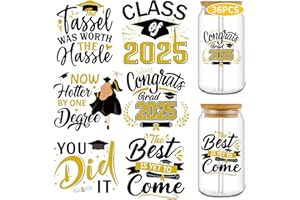 EOBECY UV DTF Cup Wrap Transfer Stickers: 36 Pcs 2025 Graduation Themed UV DTF Cup Wraps for 16 oz Glass Water Bottle, Black Golden Uvdtf Stickers, Rub on Transfers DIY Craft Gifts for Graduats Students