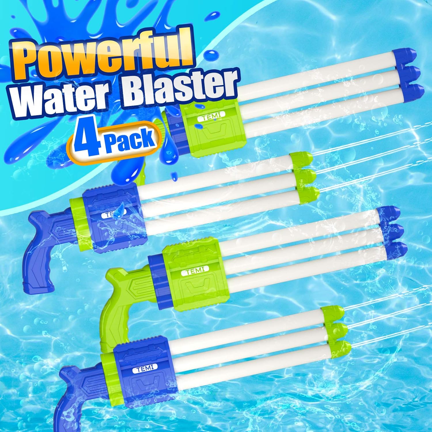 TEMI Super Water-Blaster Squirt Water-Guns - 4 Pack Water Soaker Blaster w/ 3 Nozzles Shooting, Water Pistol for Outdoor Activities, Swimming Pool Toys for Kids Boys & Adults: Toys & Games