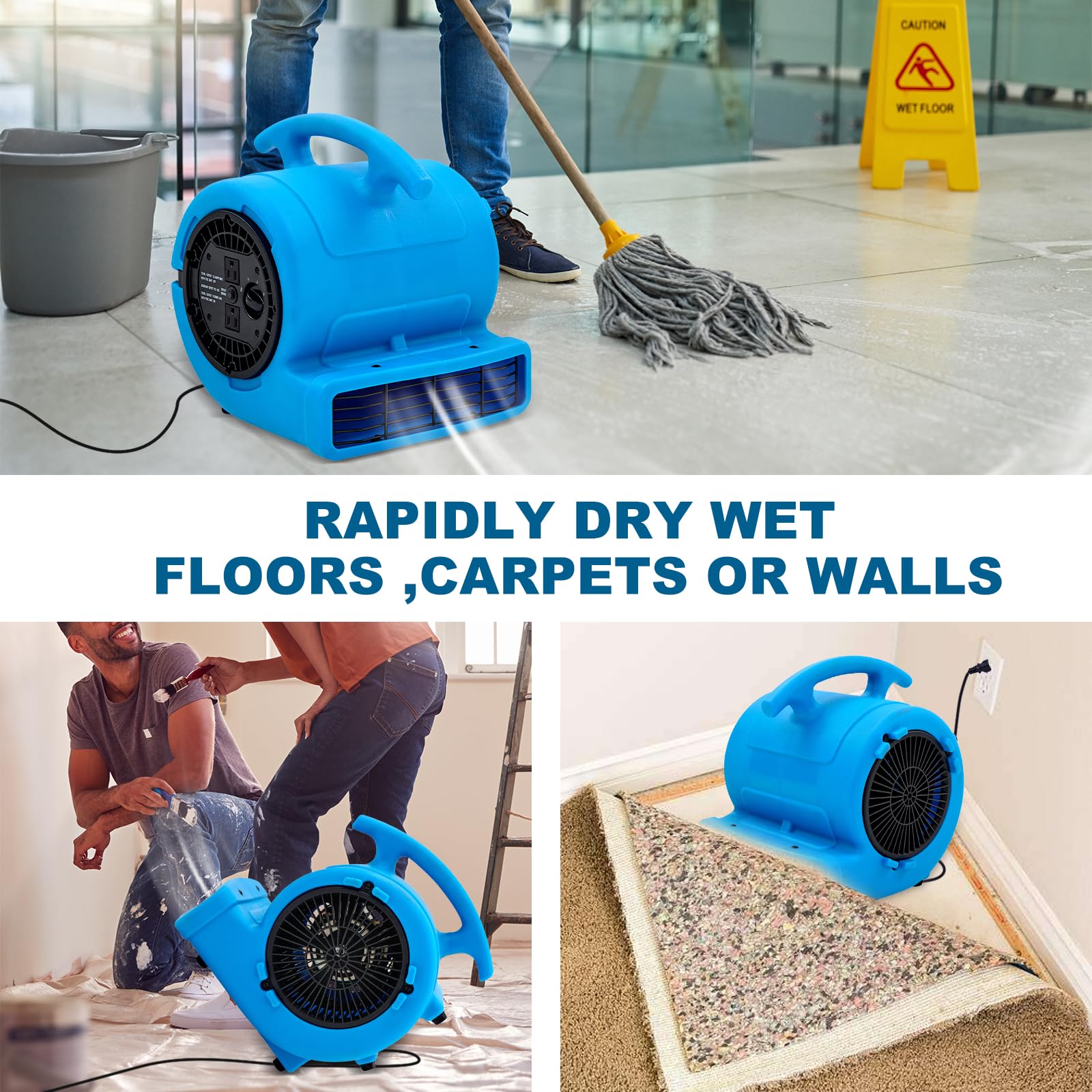 MOUNTO 1/4hp 1000CFM 2 Speed Air Mover Carpet Dryer Floor Fan Cooling Fan (Blue)
