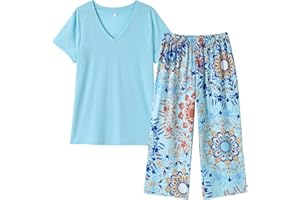 Vozanet Women's Pajamas Set Soft V Neck Sleepwear Top and Capri Pj Lounge Sets Cartoon Heart Shape Cat Nighty Plus Size