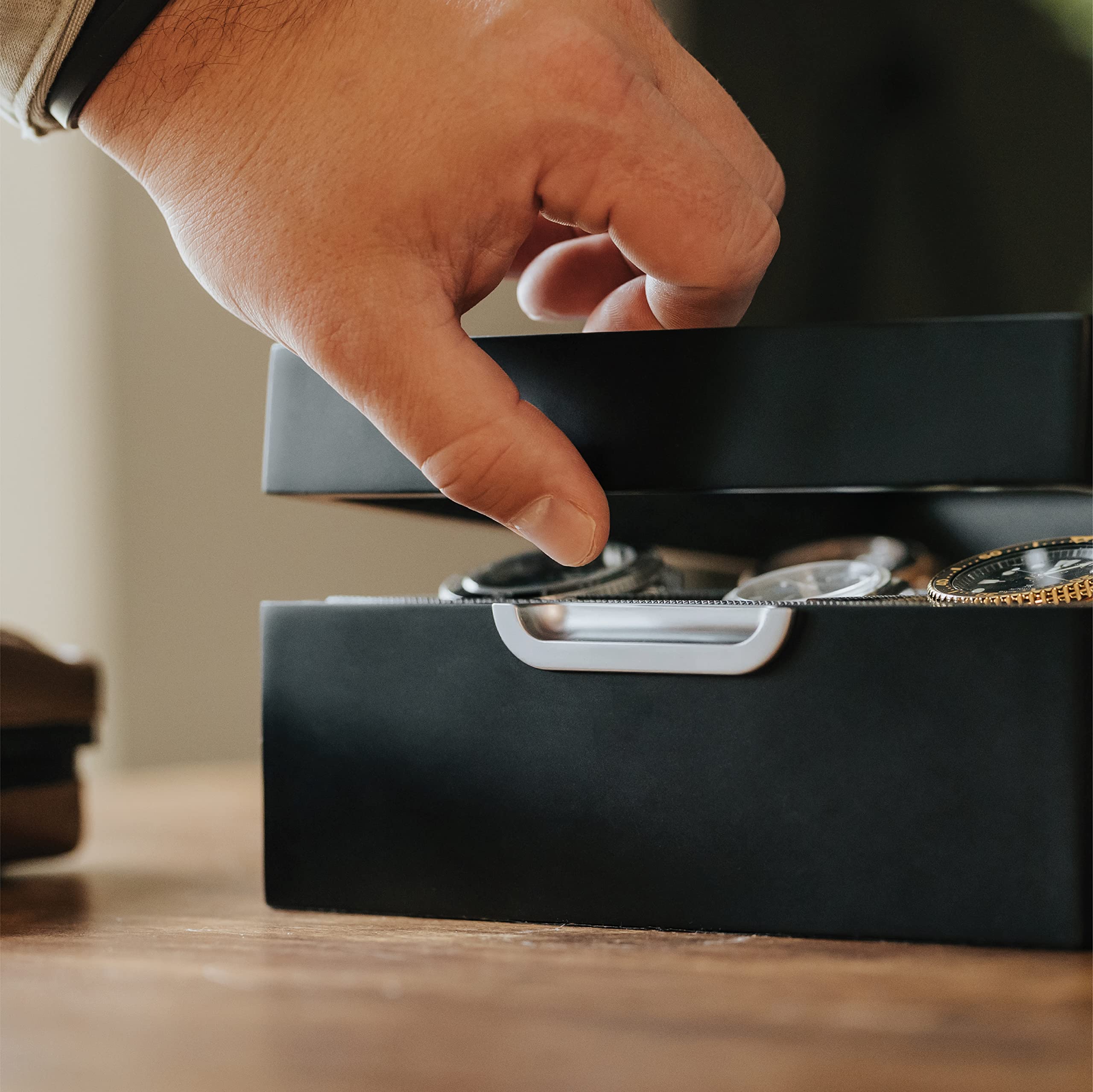 CASE ELEGANCE Watch Box Modern 2x3 Black Finish with Custom Aluminum Handle 6-Slot with Real Glass