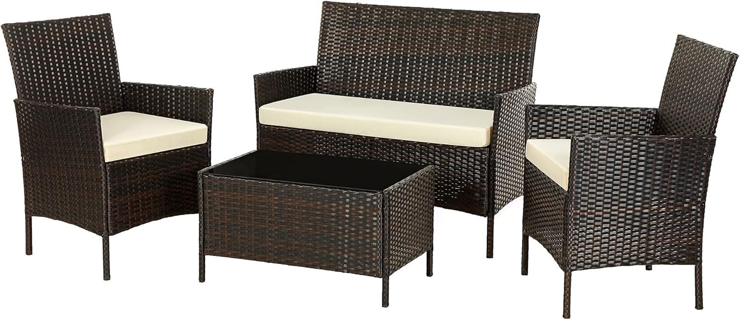 SONGMICS Patio Furniture Set, PE Wicker Outdoor Furniture, for Porch Deck Backyard Outside Use, Brown and Beige UGGF002BR1