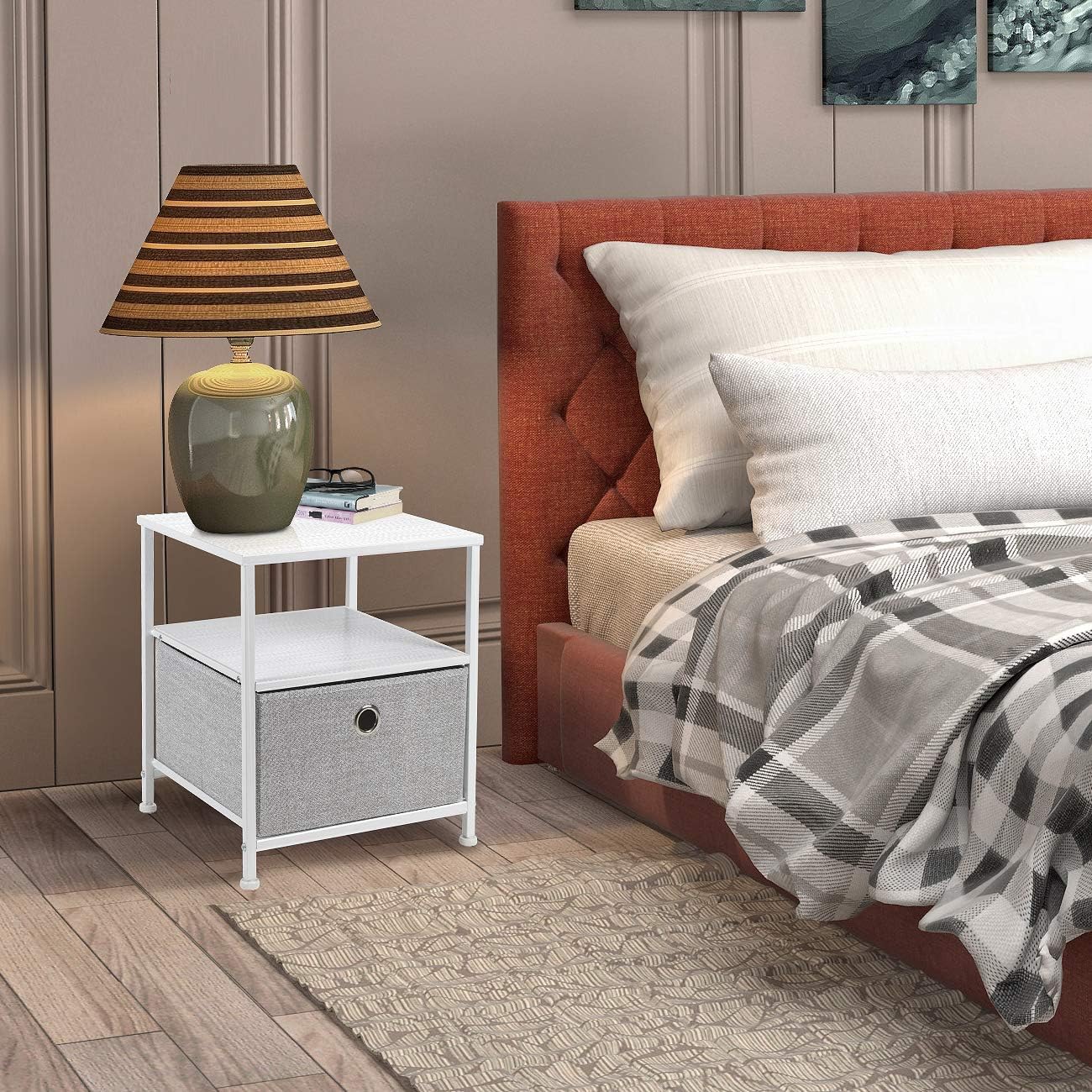 Sorbus Nightstand 1-Drawer Shelf Storage- Bedside Furniture & Accent End Table Chest for Home, Bedroom, Office, College Dorm, Steel Frame, Wood Top, Easy Pull Fabric Bins (White/Gray): Kitchen & Dining