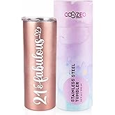 COOZEO 21st Birthday Gifts For Her - 21 and Fabulous - 20oz/590ml Stainless Steel Insulated Skinny Tumbler with Straw - Happy 21 Year Old Birthday Gifts for Women, Female - (Rose Gold)