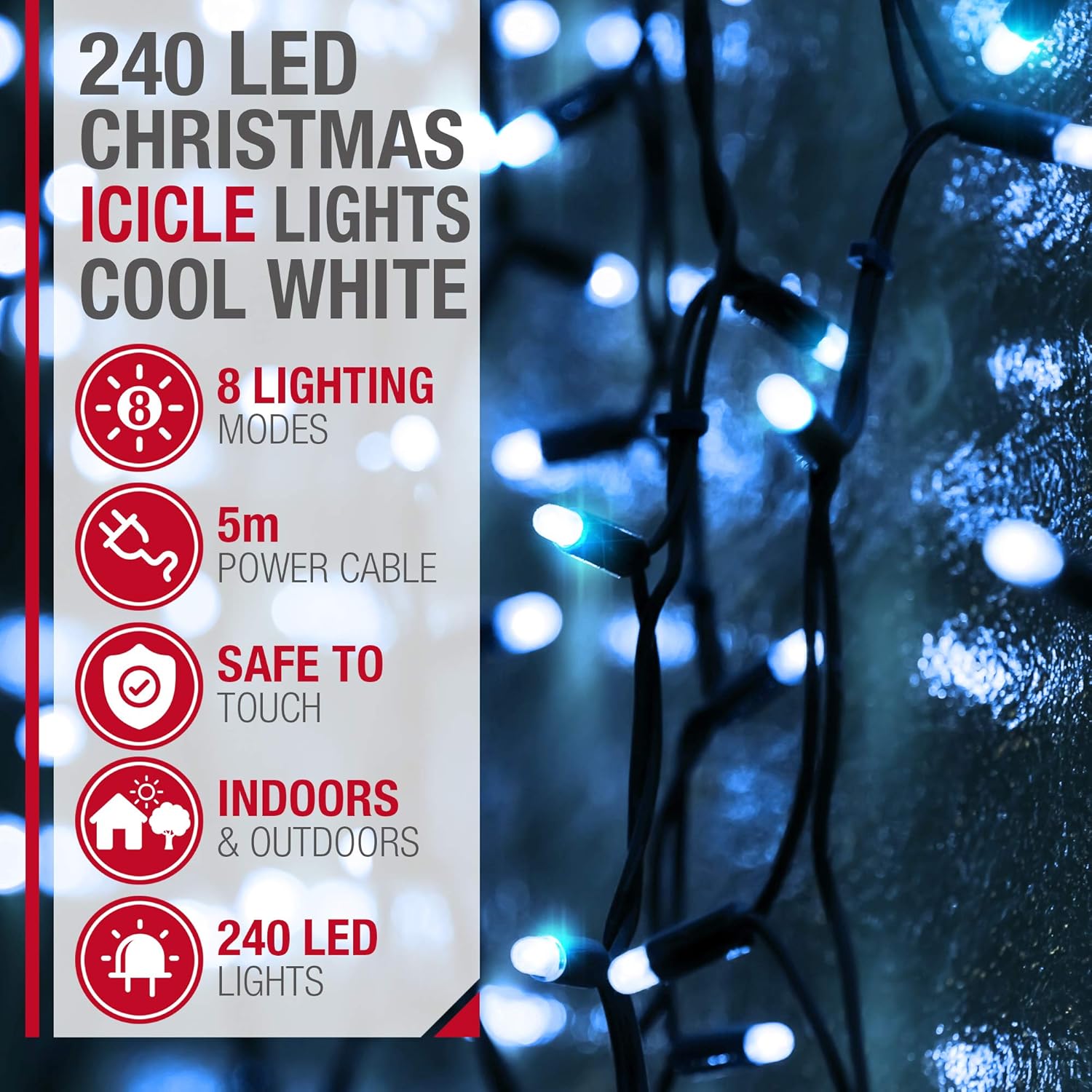 NETTA Icicle Lights Outdoor Christmas 240 LED 7.5m Lit Length, Cool White LED Icicle Fairy House Lights with Memory - Image 3