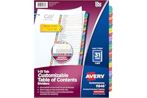 Avery 1-31 Dividers for 3 Ring Binders, 31 Tabs per Set, Customizable Table of Contents, Multicolor Arched Tabs, Great for Organizing Reports, Projects, and More (11846)
