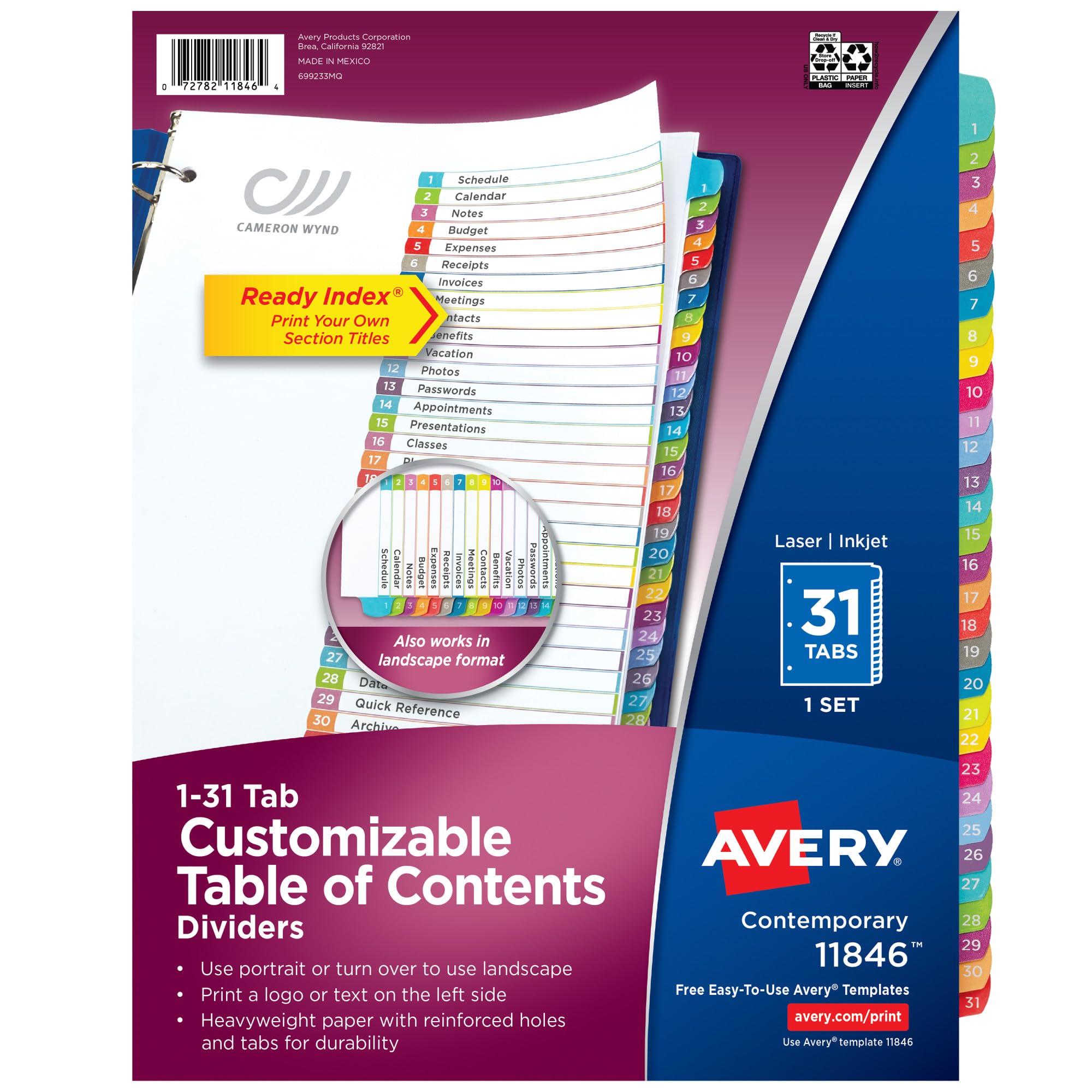 Avery 1-31 Tab Dividers for 3 Ring Binders, Customizable Table of Contents, Multicolor Tabs, 1 Set, 12 Packs (11846)