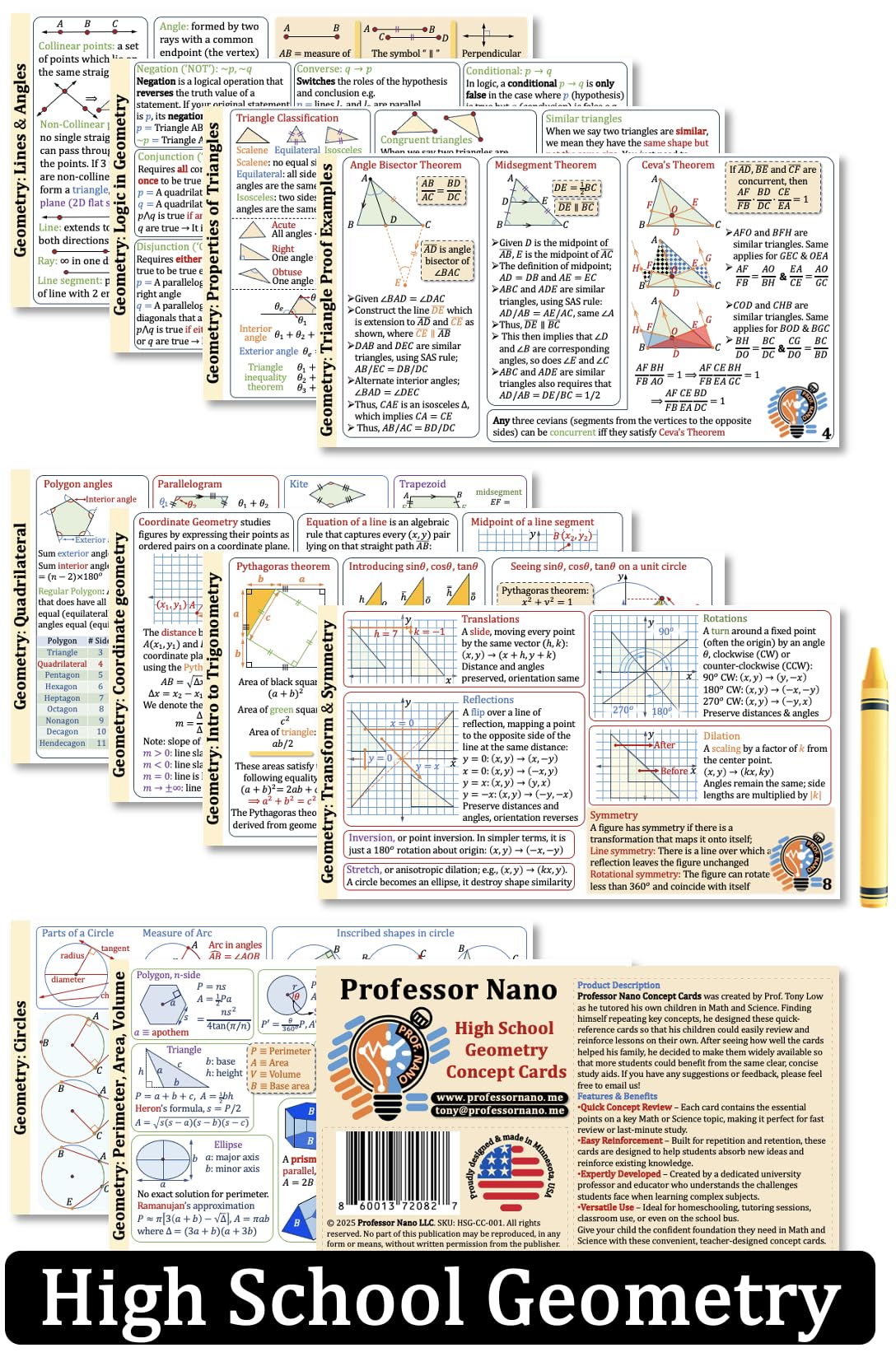 Photo 1 of Professor Nano High School Geometry Concept Cards || 4x7.11 inches, Set of 11 || Cheat Sheet, Quickstudy