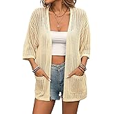 BB&KK Lightweight Summer Crochet Cardigan for Women 3/4 Sleeve Open Front Sheer Knit Boho Kimono Cardigans with Pockets