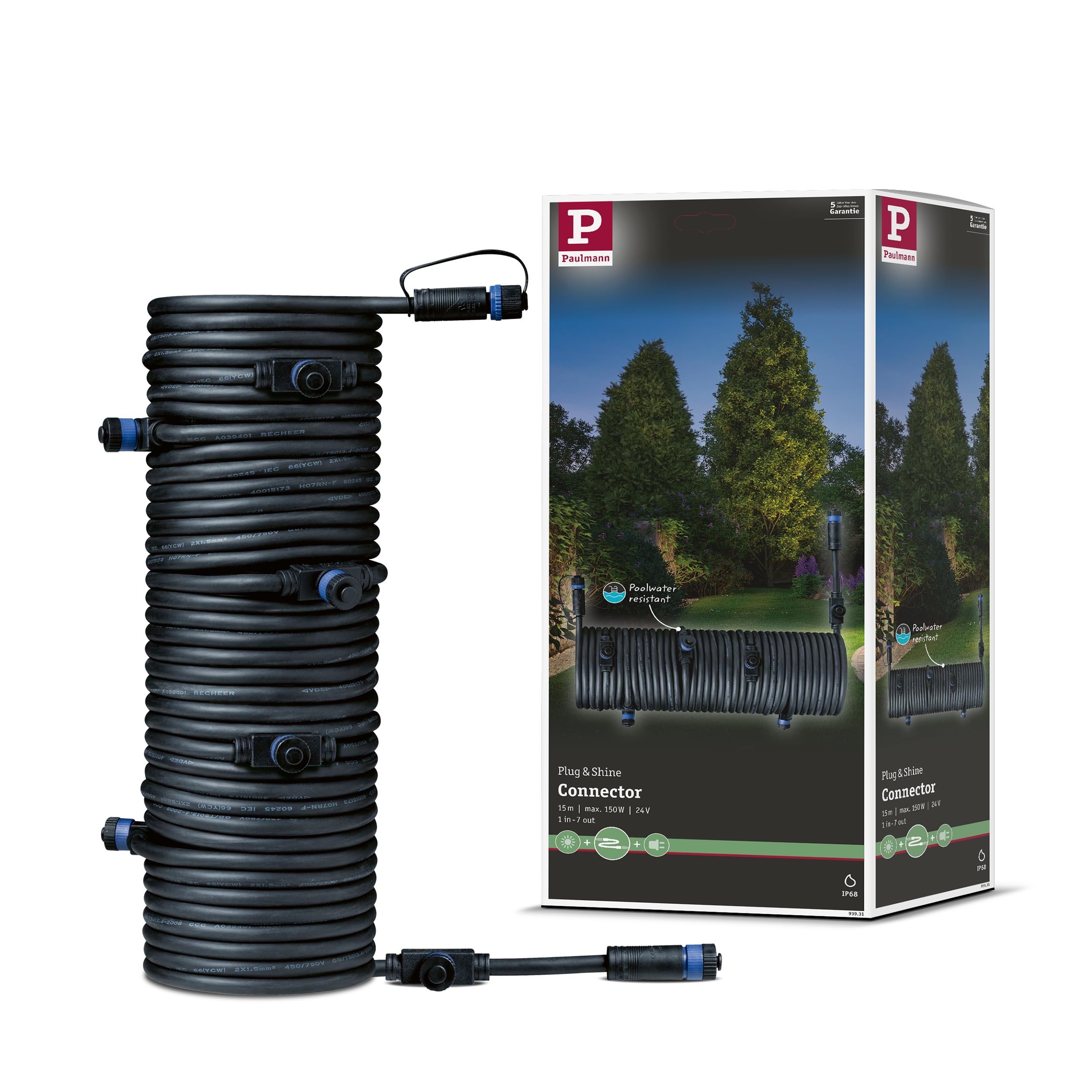 Paulmann 93931 Outdoor Plug & Shine Cable IP68 15m 1 in-7 Out 2x1,5mm² Black Plastic, 1500 x 1.5 x 1.5 cm — image 1