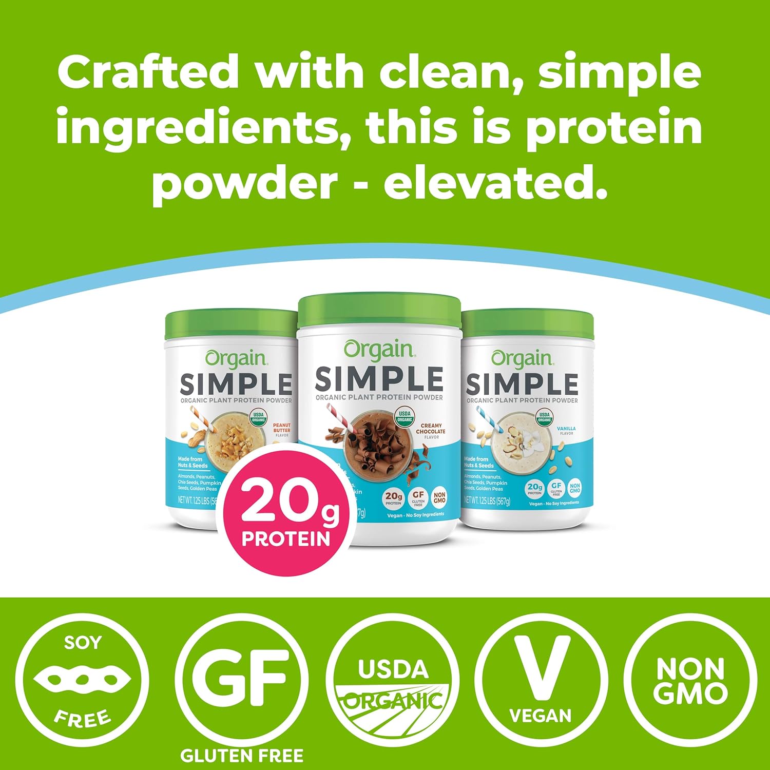 Orgain Simple Organic Plant Protein Powder, Vanilla - 20g Protein, Vegan, Dairy and Gluten Free, Stevia Free, Made with Fewer Ingredients, Kosher, Non-GMO, 1.25 Pound: Grocery & Gourmet Food