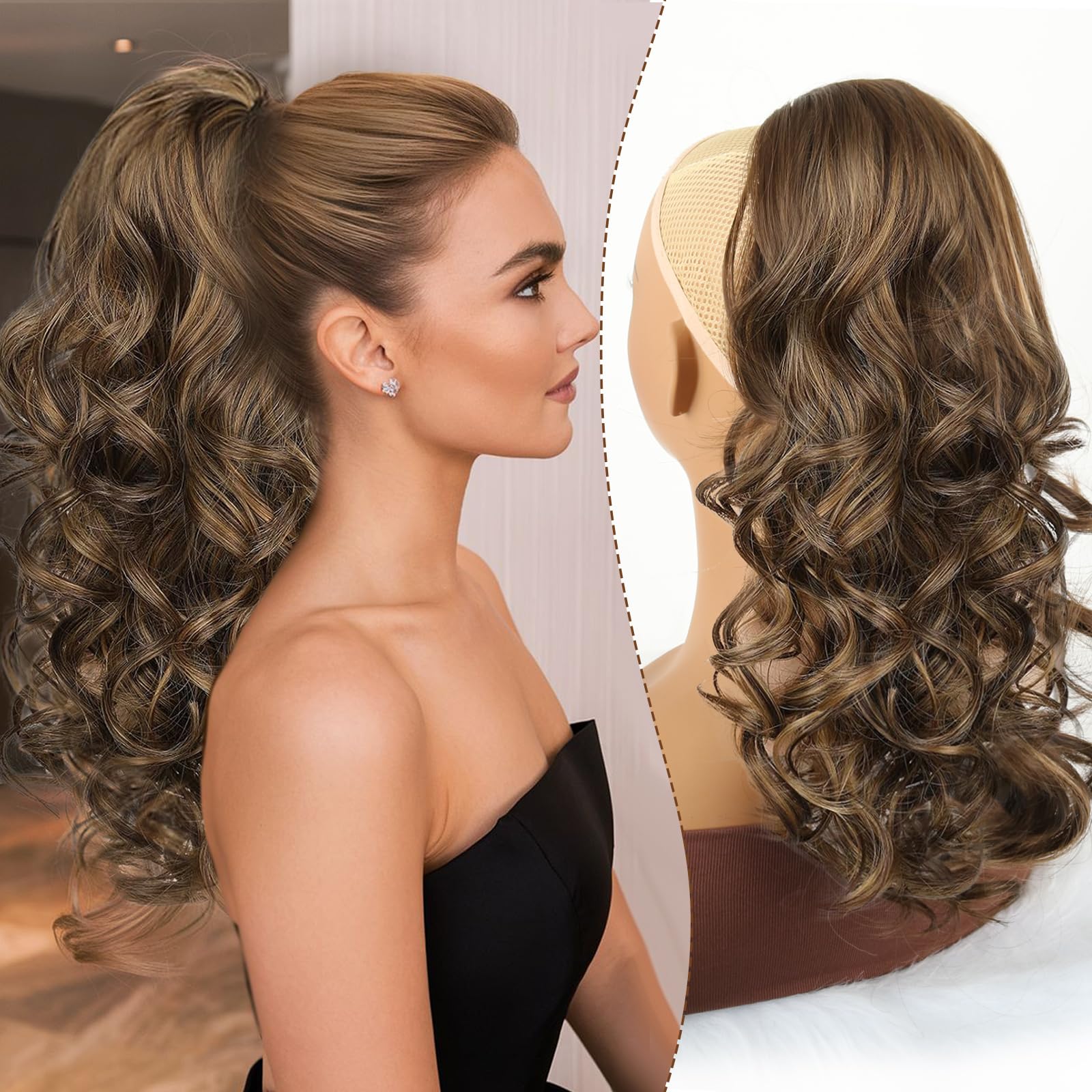 Photo 1 of Mayouda Omber Brown Ponytail Extension,18 Inch Wavy Drawstring Ponytail Hair Extension for Women Clip in Hairpiece Fake Pony Tails Hair Synthetic Extensions