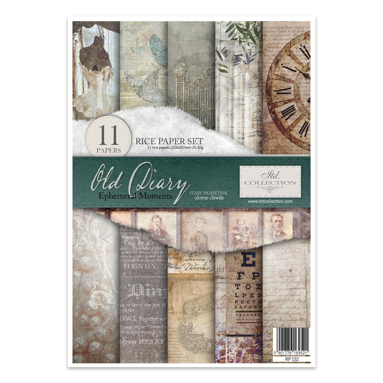 ITD Collection - Rice Paper Creative Set, A4, for Decoupage, Sheets 29.7 x 21 cm, Multi-Coloured (Old Diary Ephemeral Moments)