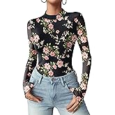 Zeagoo Womens Floral Mesh Long Sleeve Tops See Through Going Out Blouses Mock Neck Sheer Party Outfits Shirts S-XXL