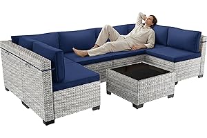 Sweecci 7-Piece Patio Furniture Set, Outdoor Sectional with Thick Cushions, Modular Patio Sofa, Dual-Strand Wicker Rattan, Rust-Resistant Frame, Backyard Furniture for Garden, Deck, Navy Blue