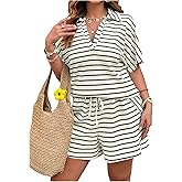 SOLY HUX Women's Plus Size Summer Outfits Striped Print Short Sleeve Top and Shorts 2 Piece Set