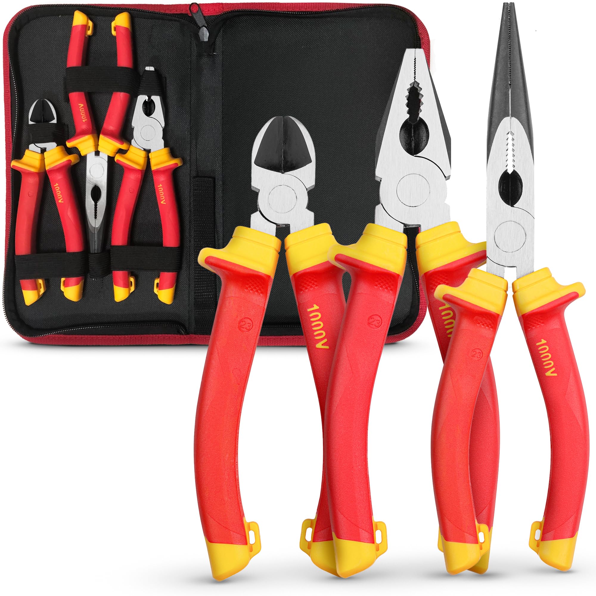Effektwerk 3 pc Electricians Pliers Set, Insulated & VDE Tested for Safety, Heavy-Duty Combination, Long/Needle Nose & Side Cutters/Diagonal Cutting Pliers, Multi-Purpose Tools w/Comfort Grips