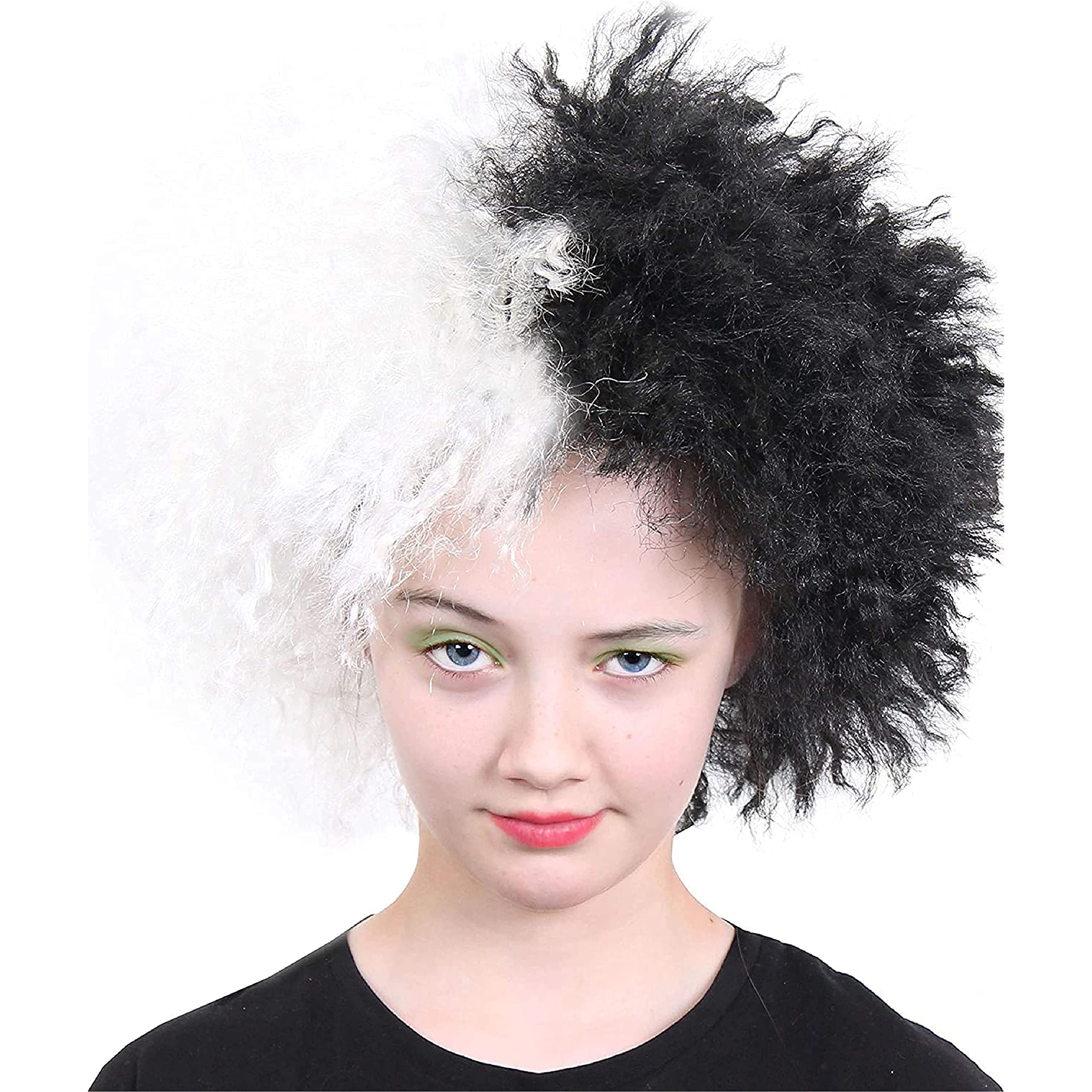 Childs Evil Dog Lady Wig - Pack of 1 - Half Black & Half White Crimped Wig - Kids World Book Day Book Week Fancy Dress Costume Accessory