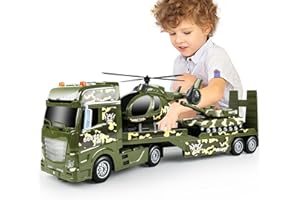 Dwi Dowellin Green Military Big Truck Toys,25.6" Semi Truck Toy with Helicopters and Tank,Army Toys with Lights & Sounds,Birthday Gift for 2 3 4 5 Years Old Boys and Girls