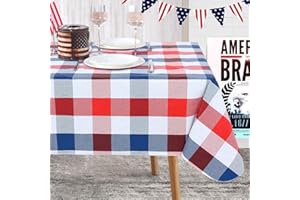Fitable 4th of July Checkered Tablecloth 60x 84 Inch, Vinyl Independence Day Tablecloth with Flannel Backed Plaid Rectangle Memorial Day Table Cloth for Outdoor Picnic Dining, Blue Red and White