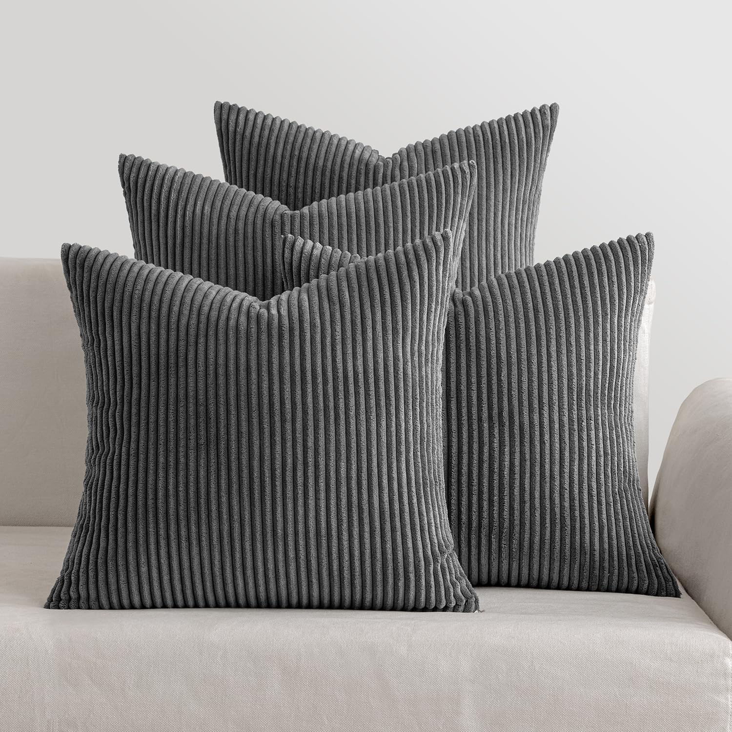 MIULEE Set of 4 Corduroy Cushion Covers Soft Decorative Square Throw Pillow Covers for Cushion Soft Pillowcase Striped Corduroy Cushion Covers Pack of four for Home decor Sofa 16x16inch Dark Grey — image 1