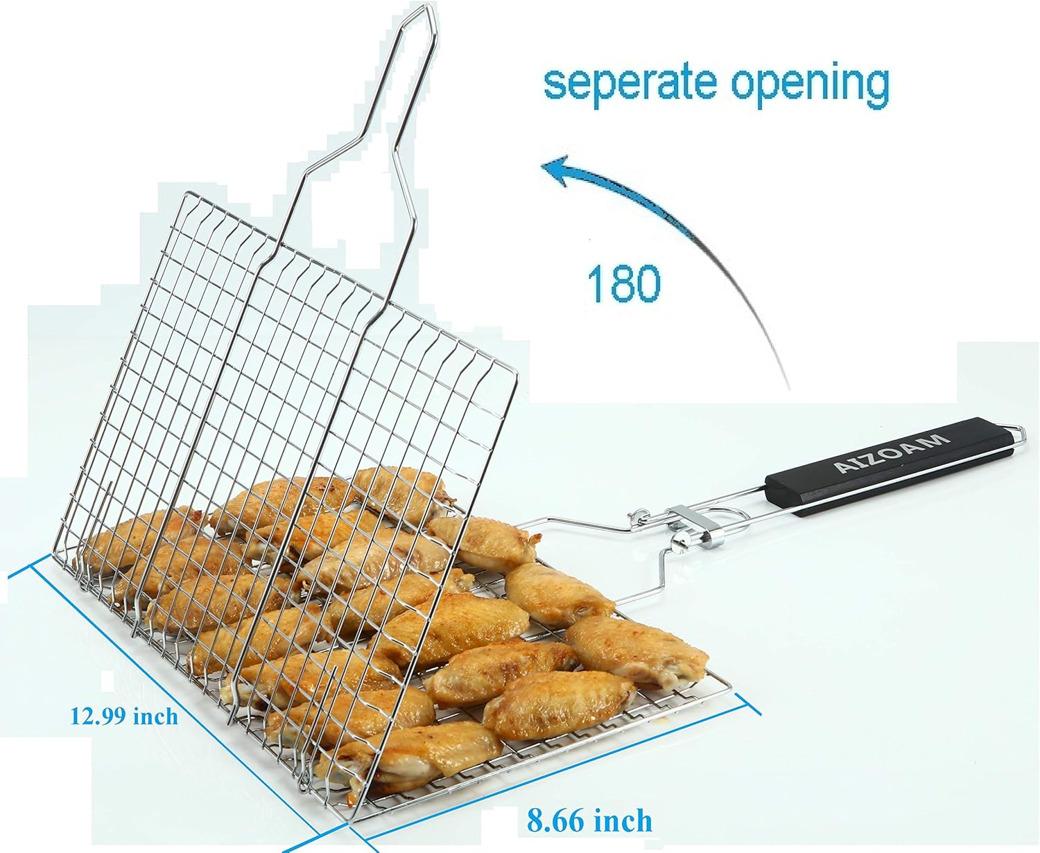 AIZOAM Portable Stainless Steel BBQ Barbecue Grilling Basket for Fish, Vegetables, Shrimp, and Small Flat Sea Food .Great Useful BBQ Tool.-【Bonus Additional Sauce Brush and 50 Natural Bamboo Skewers 】 : Garden & Outdoor