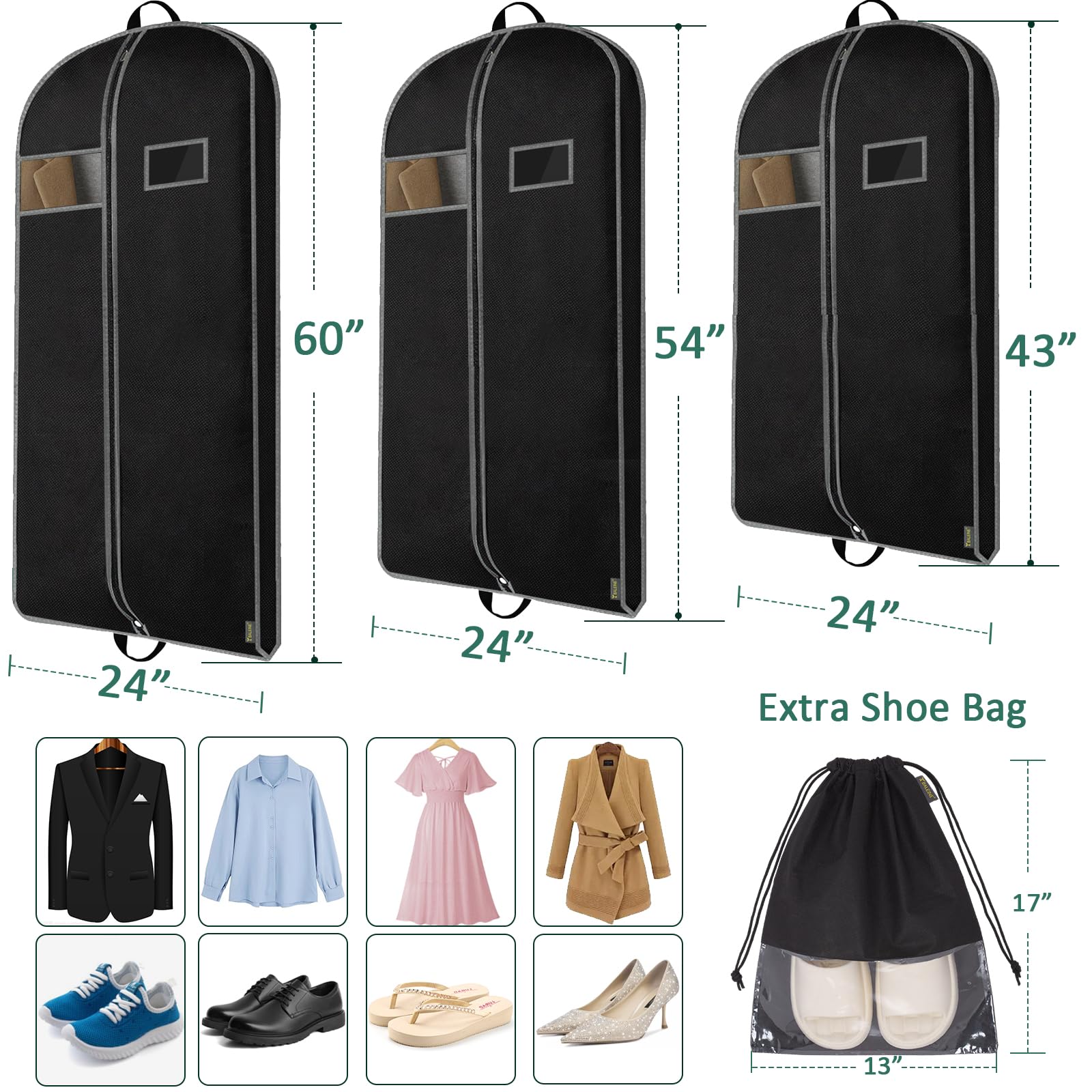 BALEINE 1PK Heavy Duty Garment Bag with Shoe Storage Travel Bag for Dresses, Suit, Coats Travel Essential (43