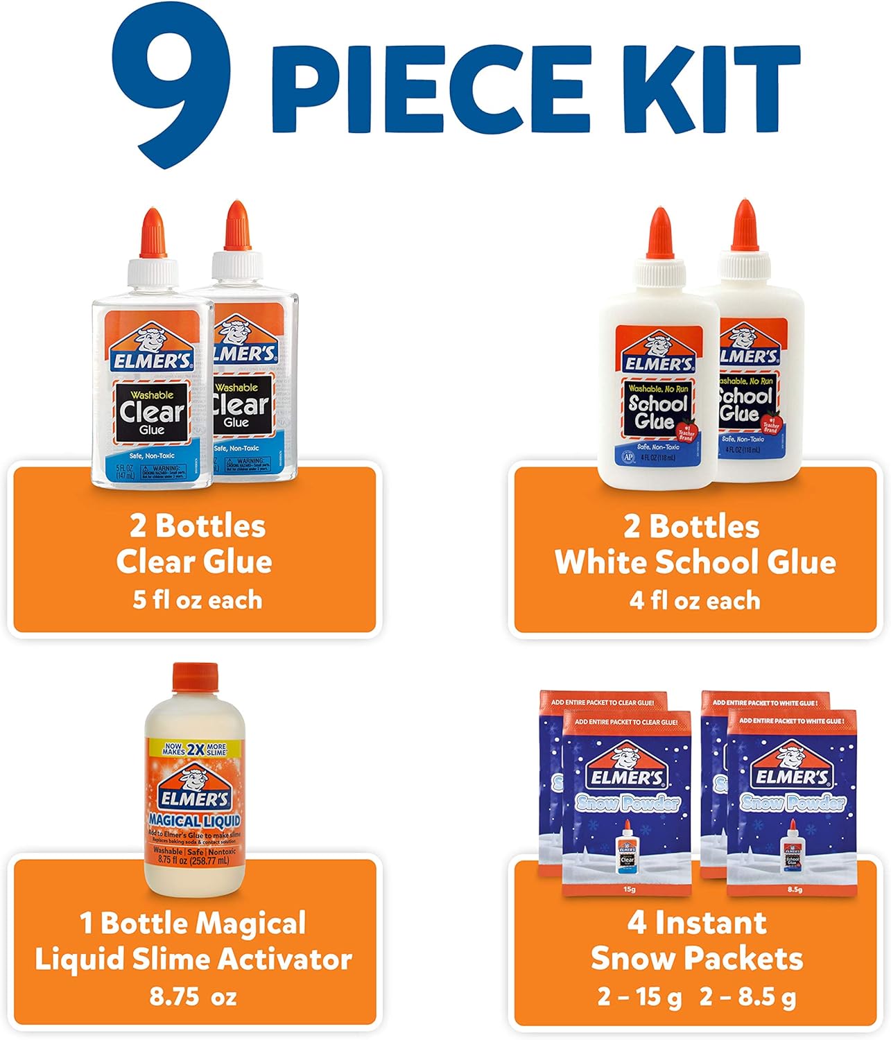 Elmer’s Snow Slime Kit | Slime Supplies Include Clear Liquid Glue, White Liquid Glue, Magical Liquid Slime Activator, Instant Snow Packets, 9 Count: Office Products