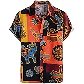 PARKLEES Men's Cotton Linen Vintage Pattern Printed Old Style Shirt Casual Short Sleeve Button Down Retro Shirts