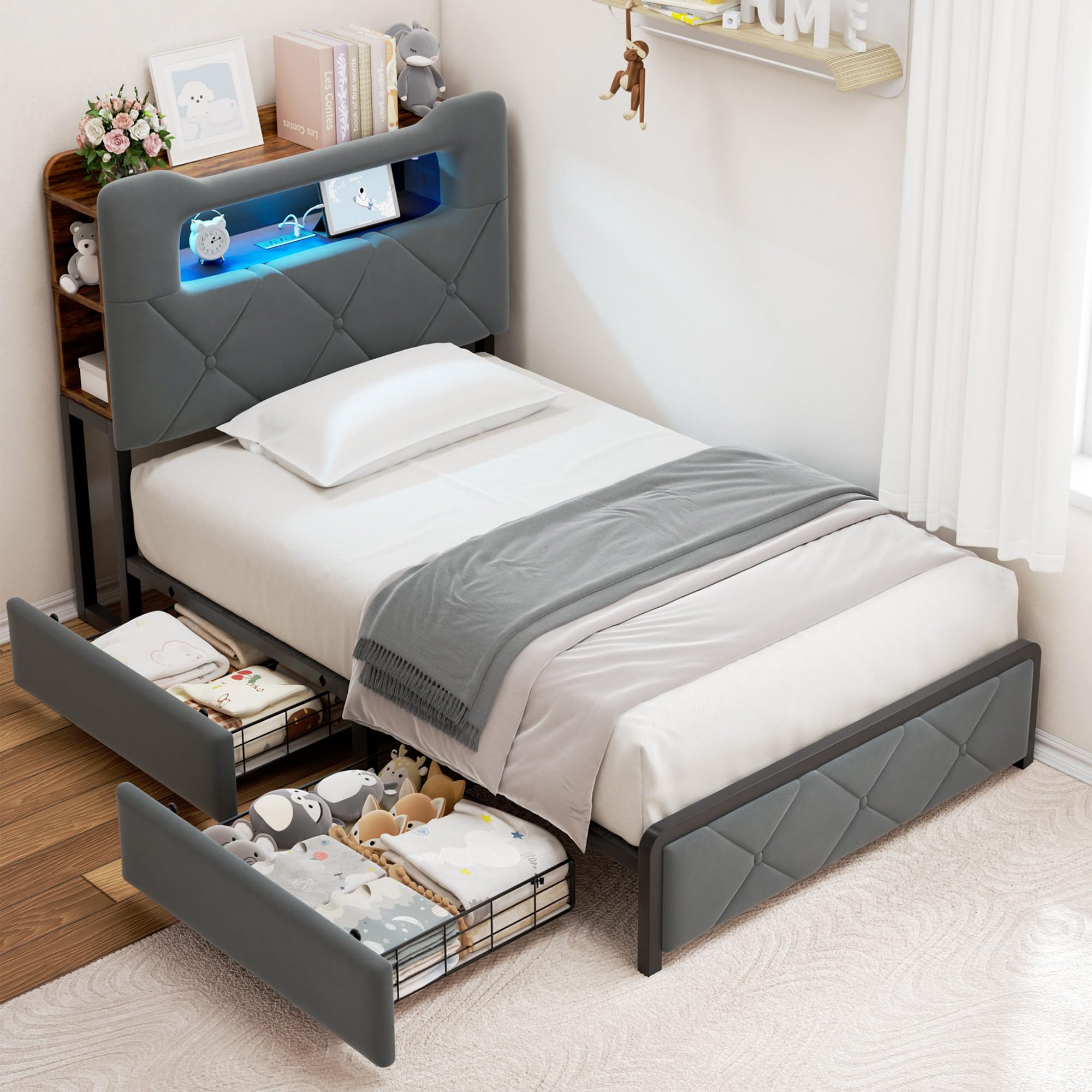 Photo 1 of Jocoevol Twin Upholstered LED Bed Frame with 2 Storage Drawers and 2-Tier Storage Bookcase Headboard, Velvet Platform Bed for Kids/Girls/Boys, Heavy Duty Metal Support, No Box Spring Needed, Grey