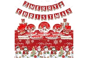 FUNNYPARS Christmas Snowman Party Supplies, Disposable Snowman Paper Plates and Napkins Cups with Plastic Tablecloth and Banners Snowman Dinnerware Tableware for Christmas Winter Holiday Party Decor, Serve 25