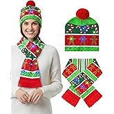 Zinniday Christmas Hat with Scarf, 2 Pcs Xmas Santa Hat Beanie Cap Knitted Scarf Set for New Year Party