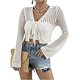 OYOANGLE Women's Crochet Tie Front Crop Cardigan Hollow Out Shrug Long Sleeve Knit Top
