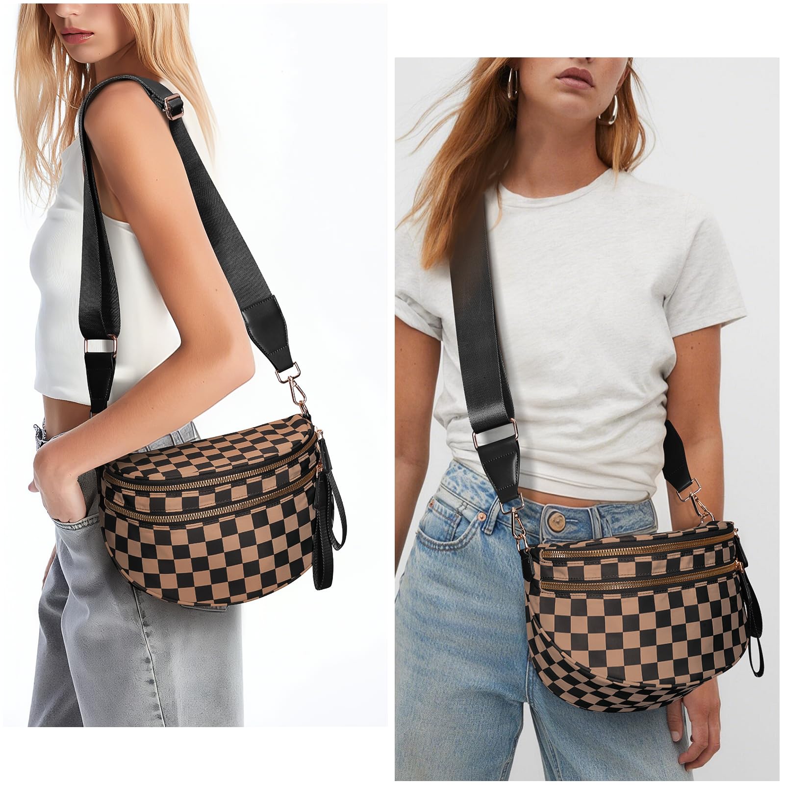 Checkered Crossbody Bum Bags for Women Nylon Checkered Purse Checkerboard Fanny Pack