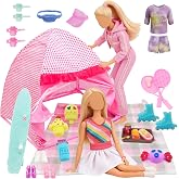 25 PCS Girl Doll Travel Camping Tent Set, 11.5 Inch Doll Camping Playset with Dolls Tent Skateboard Fashion Athletic Tennis Clothing Picnic Mat Food Accessories, Pretend Play Outdoor Adventure Toy