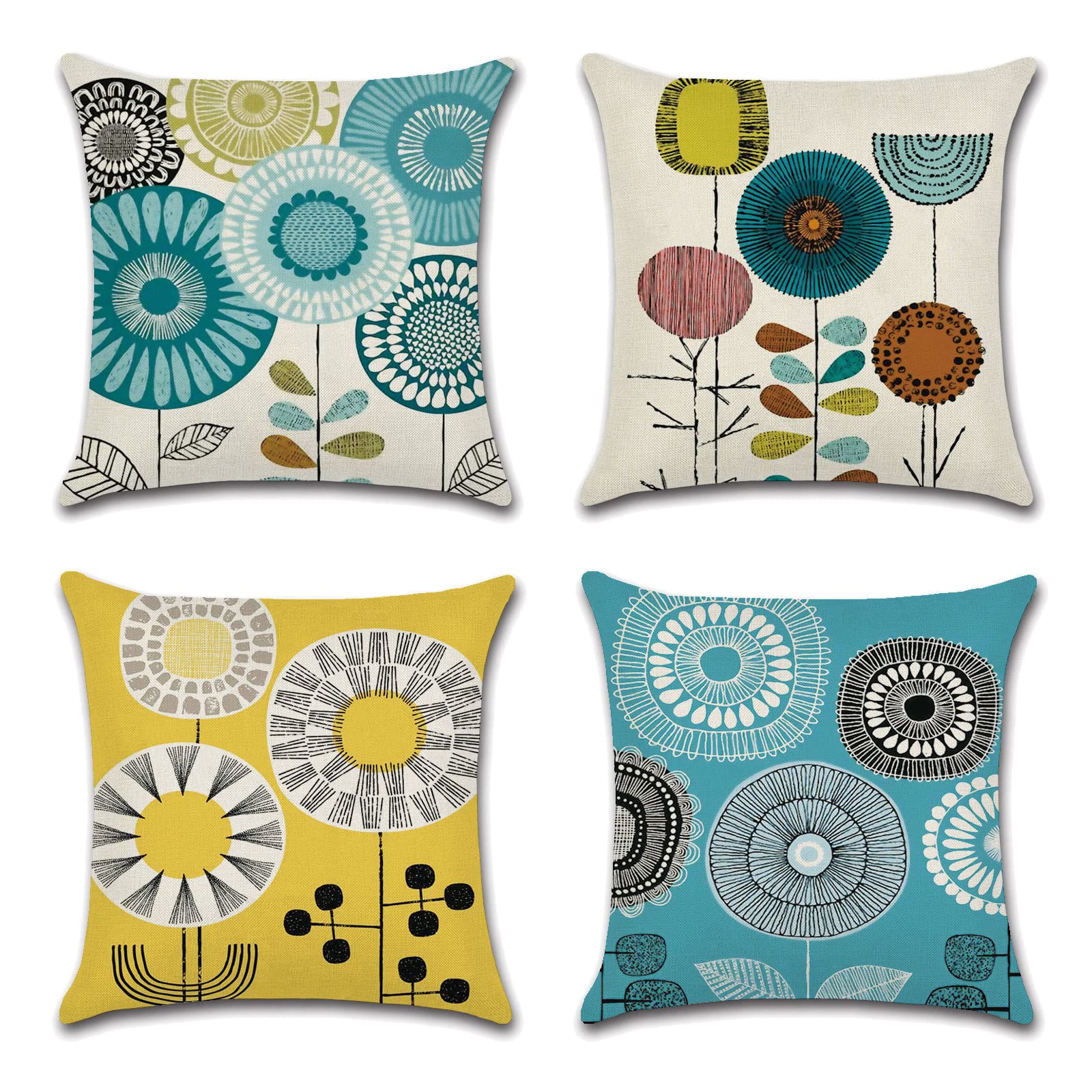 OCEUMACO Linen Cushion Covers 50cm x 50cm Sofa Bedroom Set of 4 Square Abstract Art Floral Throw Pillow Cases 20x20 Inches Outdoor Boho Geometric Pillowcases Cushions Cover - Teal Blue Yellow