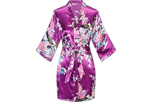 KIMONO PALACE Women's Short Kimono Robes Bride and Bridesmaid Satin Floral Bathrobe Peacock Sleepwear Dressing Gown for Wedding Party