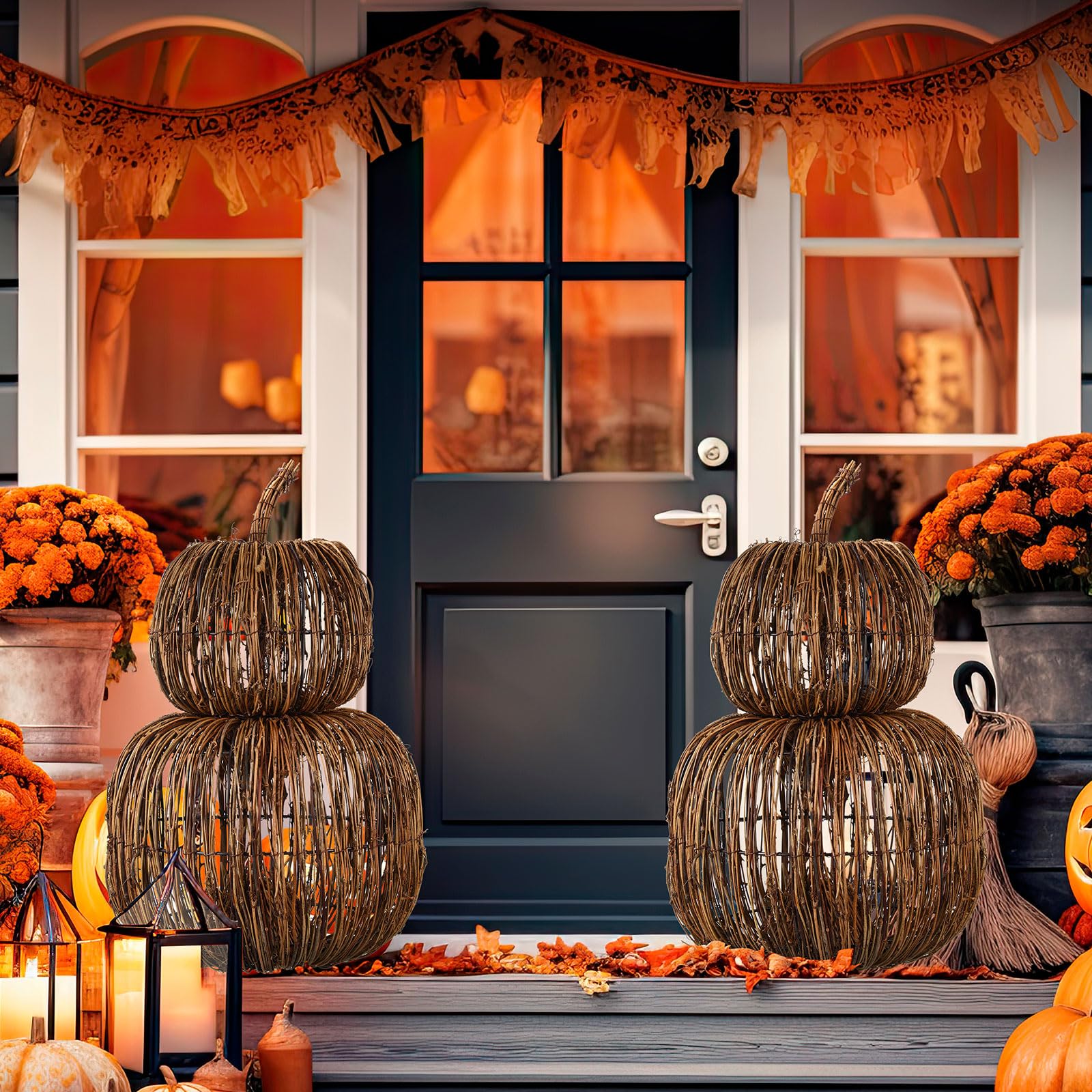 Photo 1 of ********PARTIAL SET******** Colingmill 20 Inch Set of 2 Wicker Rattan Pumpkin Stackable Pumpkins Set, Natural Woven Large Pumpkin Balls Stacked Thanksgiving Ball Ornament for Halloween Party Yard Fall Home Porch Decor