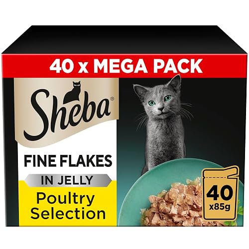 Sheba Fine Flakes in Jelly – Poultry Collection – Wet cat food pouches for adult cats – 40x85g pack