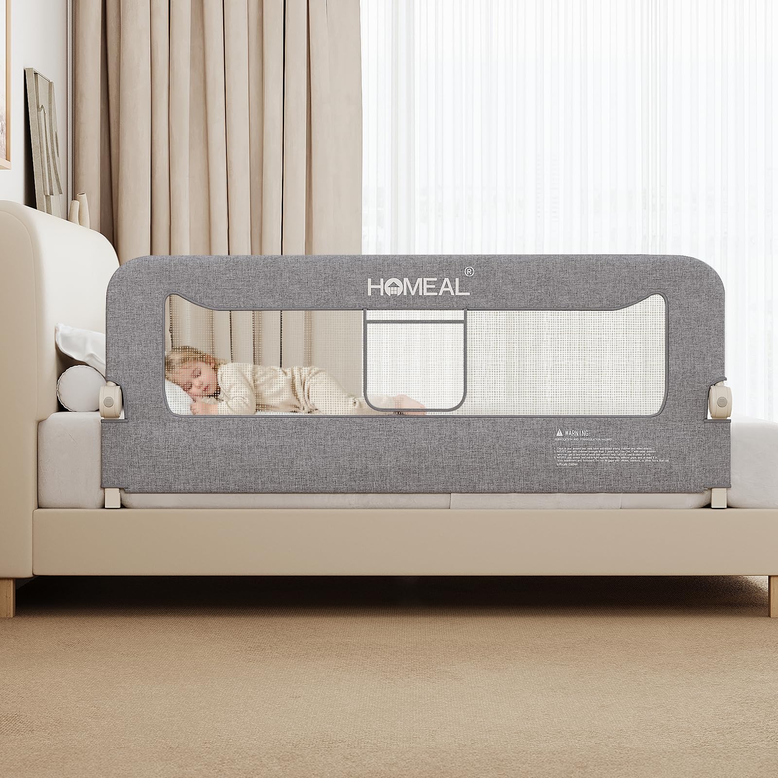 HOMEAL Bed Rail for Toddlers, 59in Swing Down Baby Bed Rail Guard, Toddler Bed Rails for King Size Beds, Twin, Full, Queen, Bed Guard Rail for Toddlers, Grey