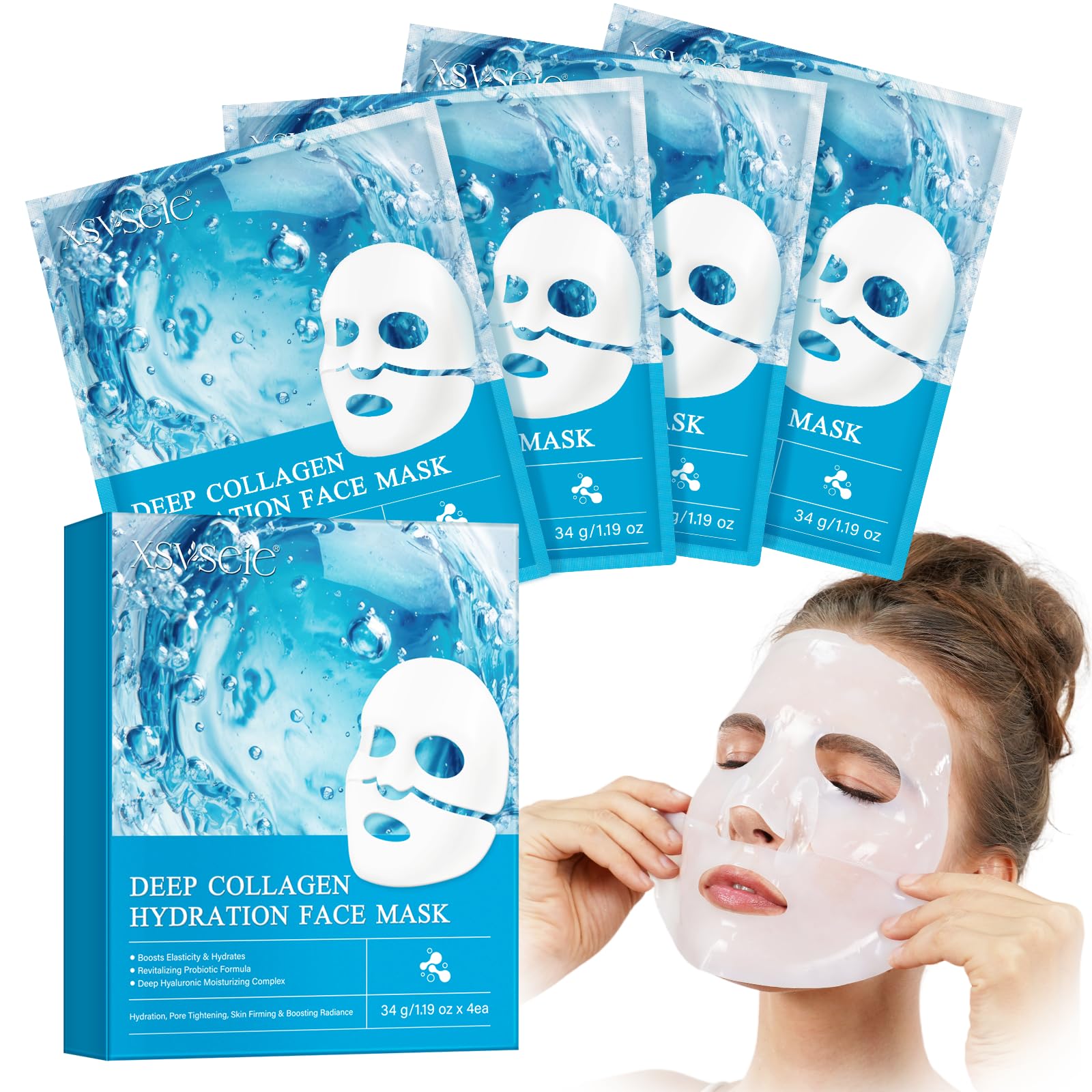 Collagen Face Mask，Bio Collagen Face Mask, Facemask Skincare - Firming, Pore Minimizing, Soothing & Hydrating, Moisturize & Enhance Skin Vitality 4 Pack