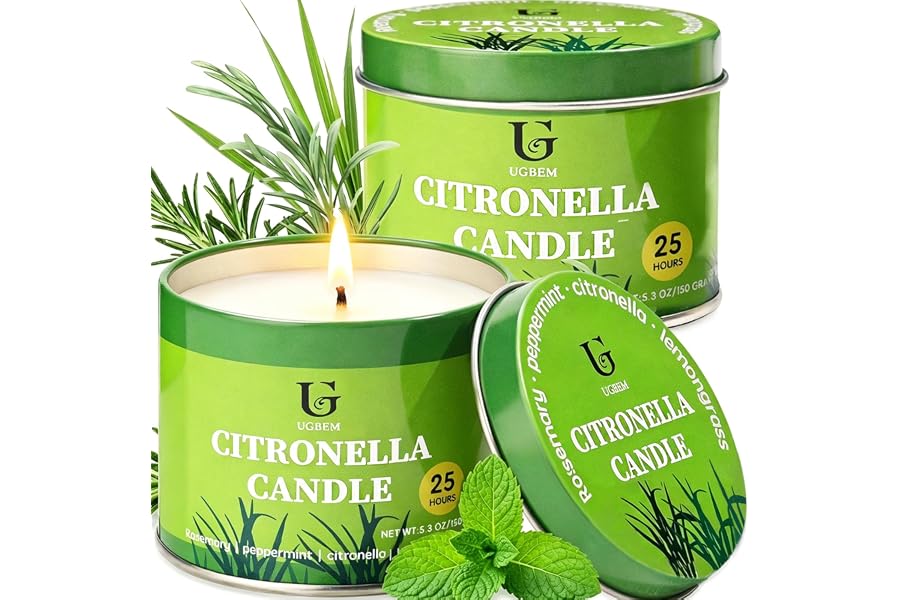 UGBEM Citronella Candles Outdoor for Camping Patio, Essential Oil Candles for Yard and Outside, Natural Non-Toxic Soy Wax Candle for Backyard Travel Indoor Home Decor, Burns 26 Hours, 5.3oz, 2 Pack