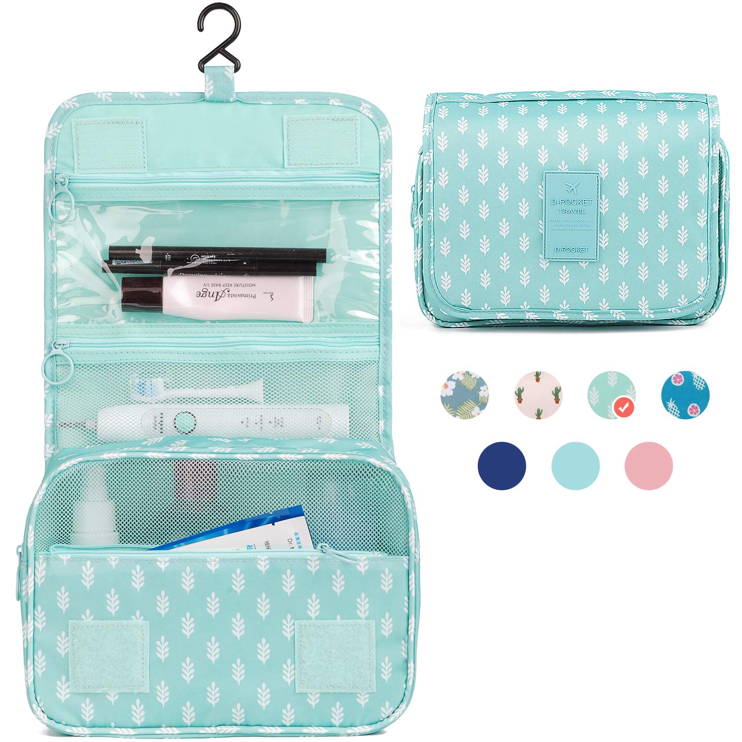 Hanging Travel Toiletry Bag Cosmetic Make up Organizer for Women and Girls Waterproof (Green Leaf)