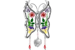 KY&BOSAM Butterfly Suncatcher My Precious Sister Stained Glass Sun Catchers for Windows Hangings Wind Chime with Real Flower Wings and Heart Charm Birthday Gifts for Women Mother`s Day Valentine's