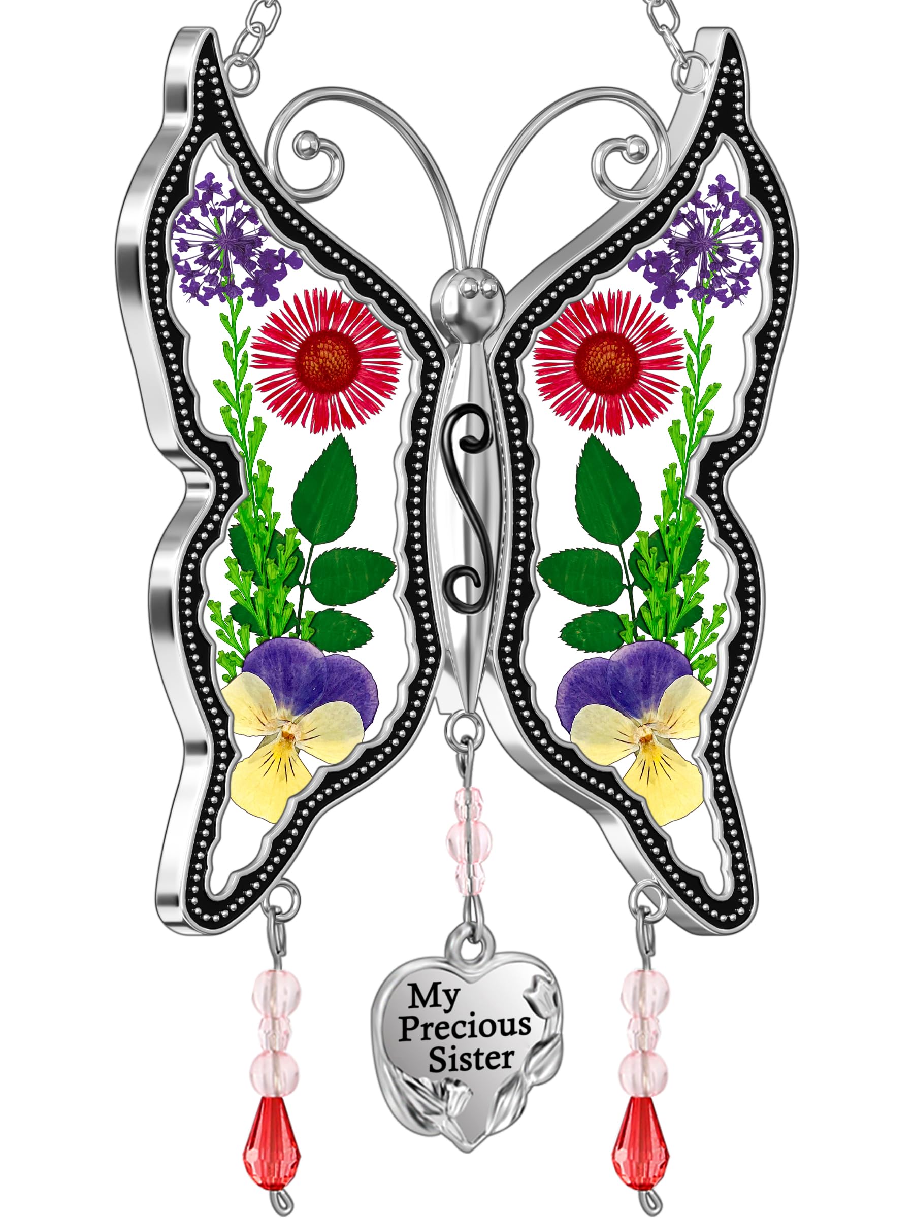 KY&BOSAM Butterfly Suncatcher My Precious Sister Stained Glass Sun Catchers for Windows Hangings Wind Chime with Real Flower Wings and Heart Charm Birthday Gifts for Women Mother`s Day Valentine's