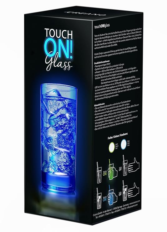 touchON!glass Creano Ausgefallenes Trinkglas / Longdrinkglas touchON!glass, Leuchtglas mit LED-Lichteffekt |300ml, blau