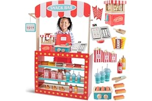 SVAN Movie Theatre Snack Bar Wooden Playset- Pretend Concession Stand Holiday Fun- Full Set w Popcorn Machine Hot Dogs Candy Bars Sodas Cash Register Credit Card- Kids Food Activity Center